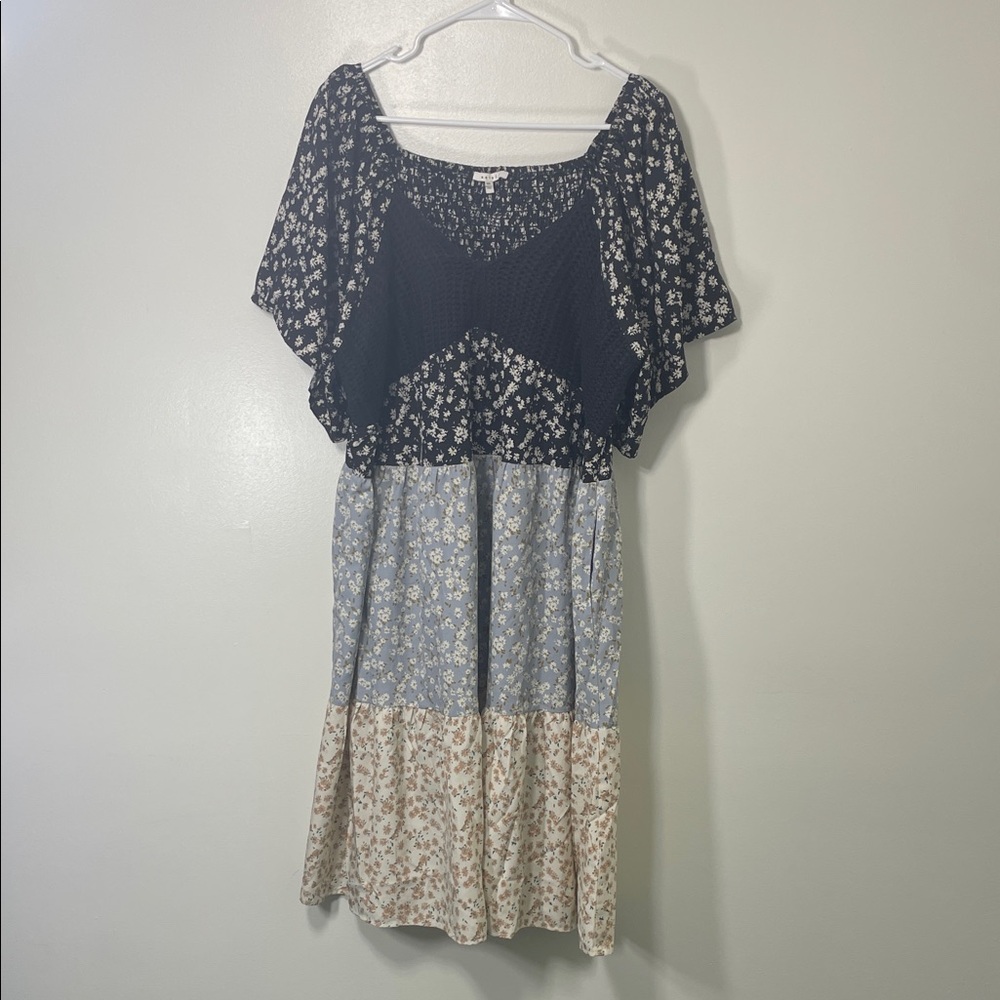 Piper & Scoot Elegant Floral Patchwork Midi Dress w/ Knit Bodice